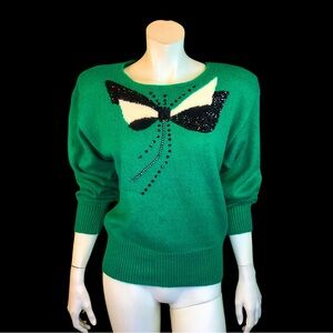 80s Green “BOW” Sweater with Sequin & Rhinestone Embellishment/ M